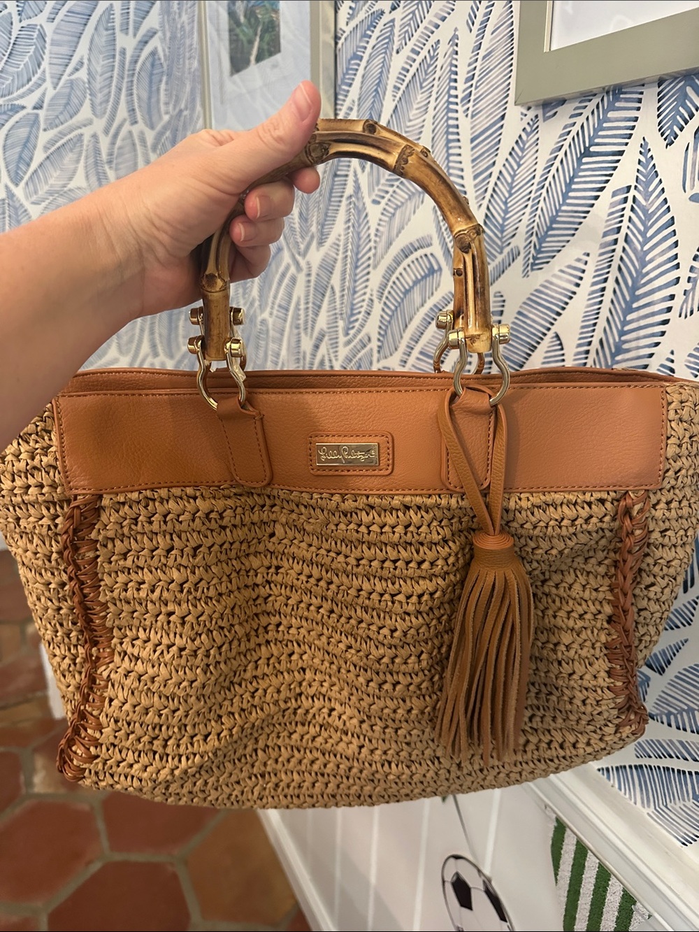 Lilly Pulitzer Tan Straw Tote with Bamboo Handles-Never Used